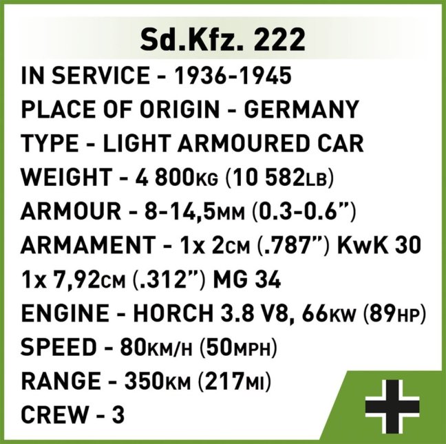 COBI 2657 II WW Sd.Kfz. 222, 1:28, 502 k, 1 f