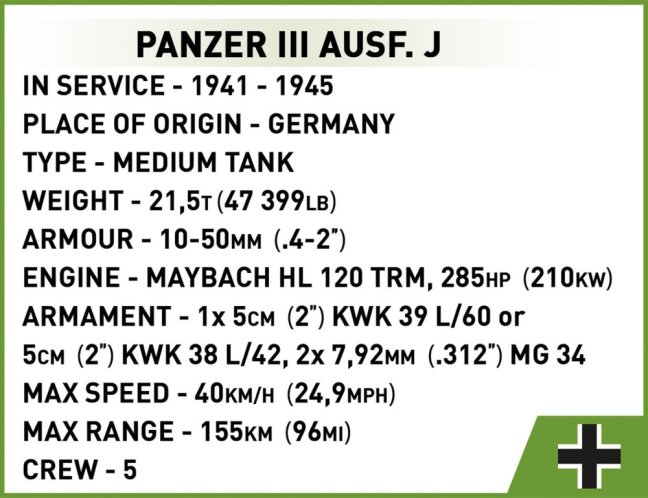 COBI 2289 II WW Panzer III Ausf J, 1:35, 590 k, 1 f