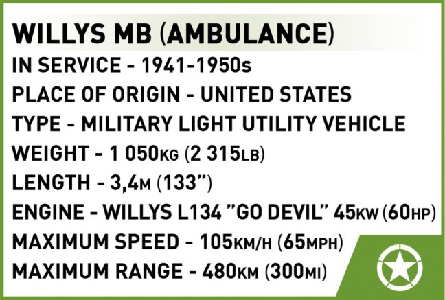 COBI 2295 II WW Sanitka Willys MB D-DAY, 1:35, 130 k, 1 f