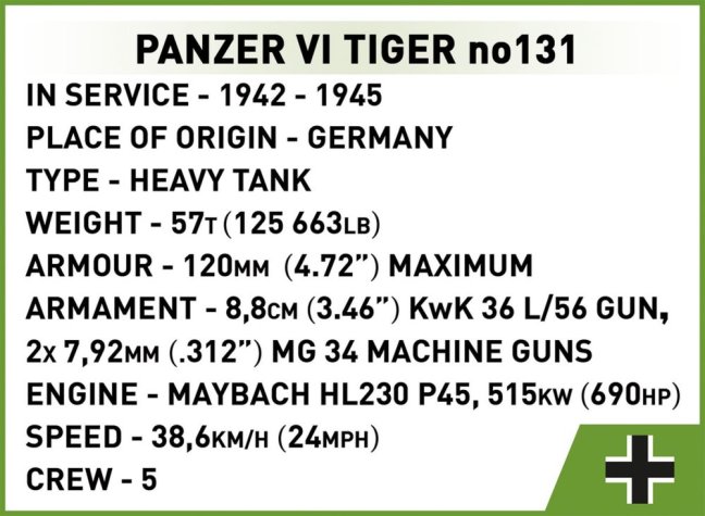 COBI 2588 II WW PzKpfw VI Tiger I no 131, 1:28, 1270 k