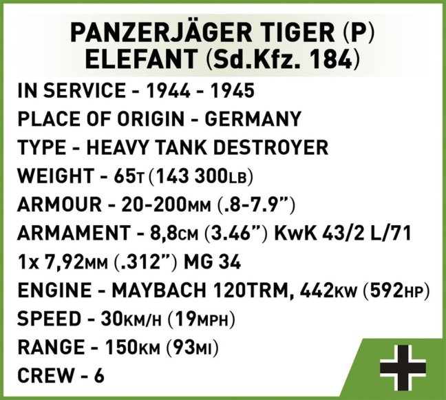 COBI 2582 II WW Panzerjager Tiger (P) Elefant, 1:28, 1244 k